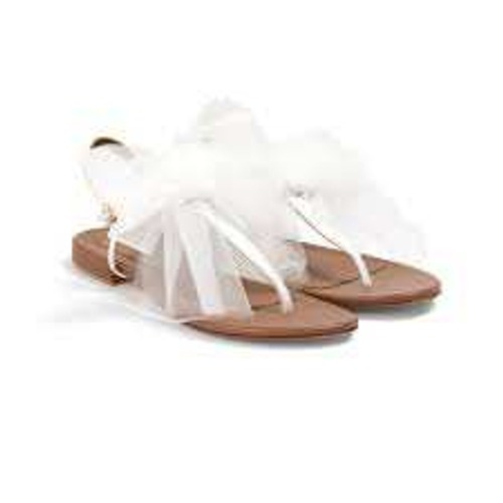 Pieli White Tulle Bow Slingback Thong Women Sandals Flat Leather Sole Italy 39